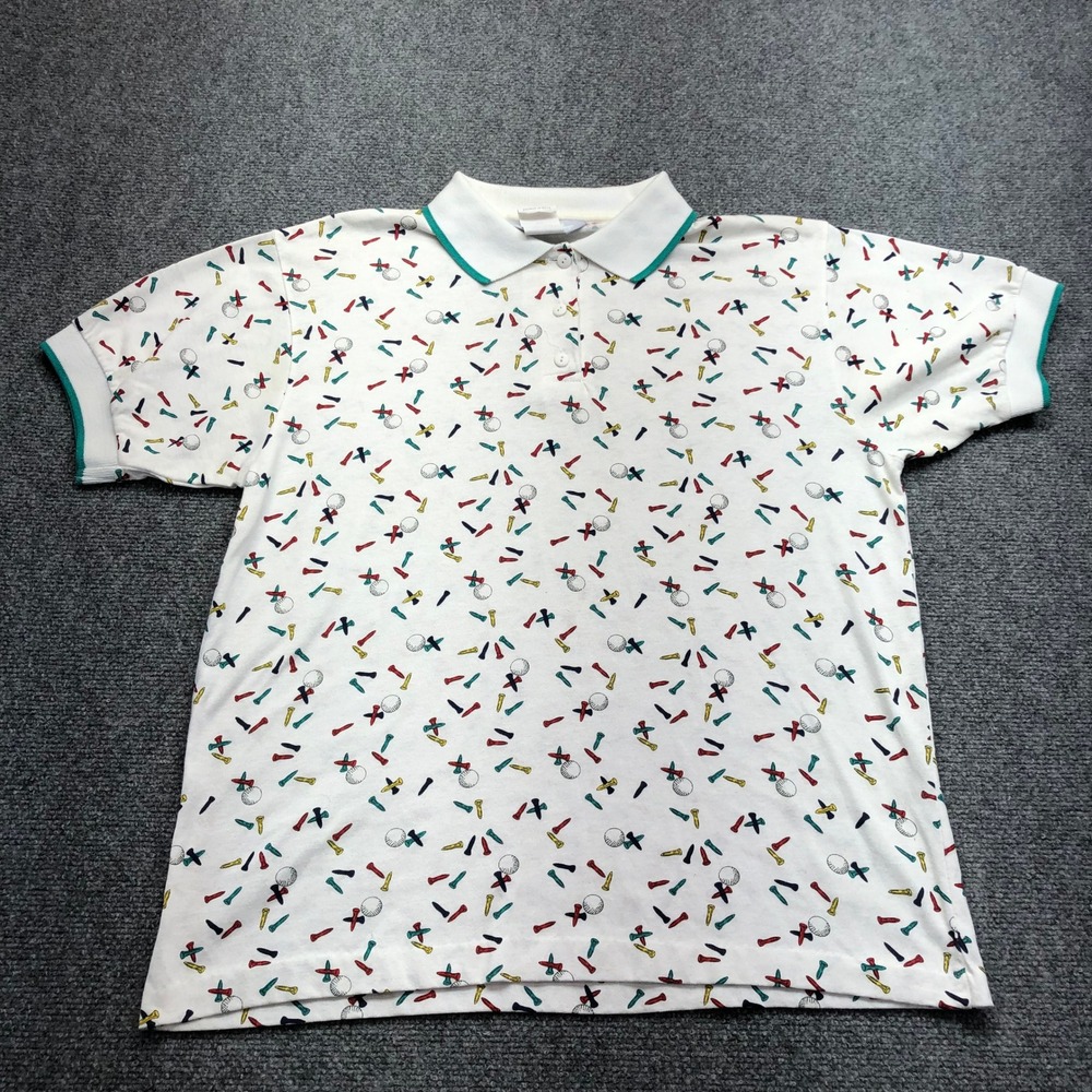 Vintage Blair Mens Golf Polo Shirt White All Over Print Tees Balls Size L